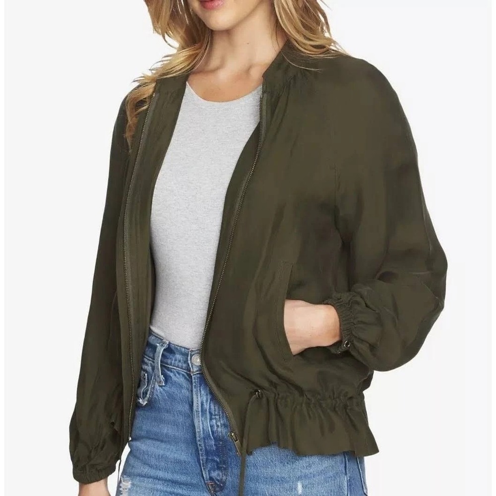Zara Basic Womens M Olive Green Full Zip Bomber Jacket Drawstring Streetwear